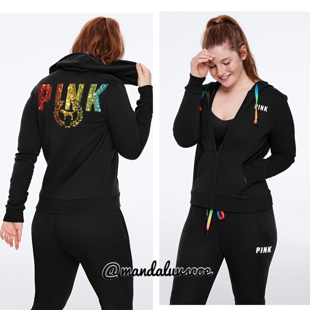 NEW💕VS PINK BLACK RAINBOW BLING FULL ZIP SET - Picture 3 of 6
